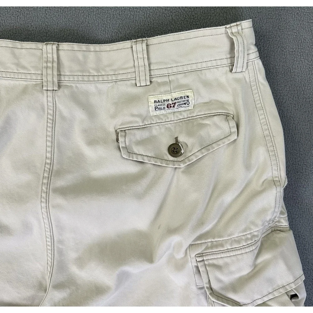 Polo Ralph Lauren‎ Cargo Shorts Mens 36 Light Beige Baggy Distressed Logo Y2K